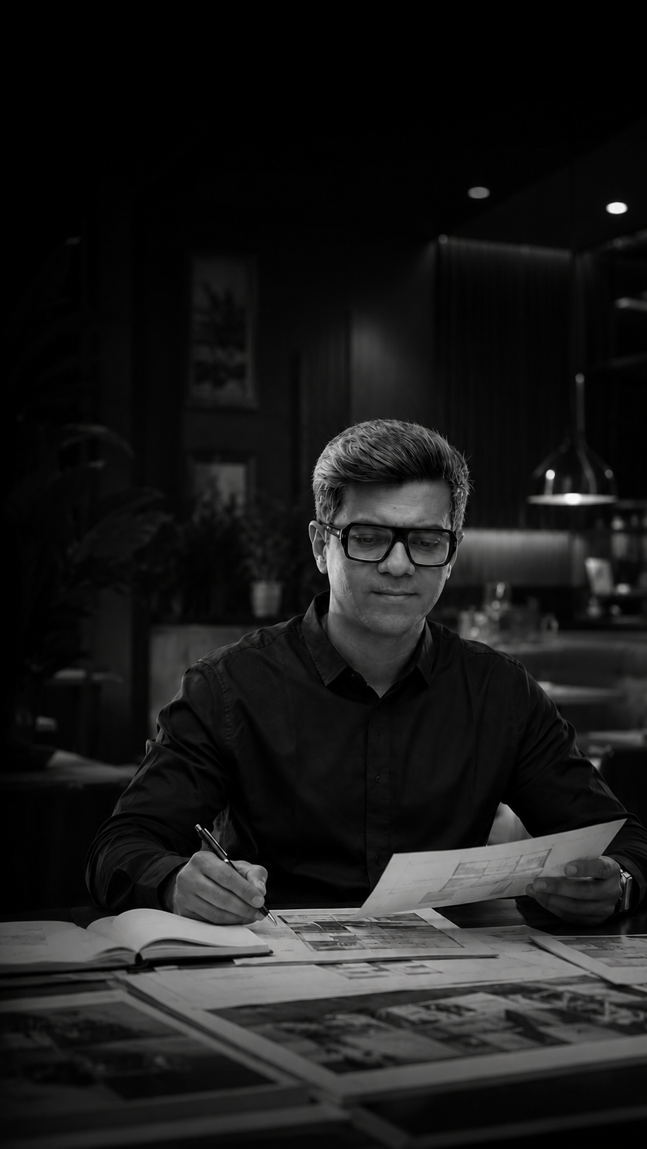 Suril Udeshi reviewing restaurant project plans